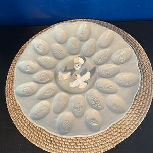 Vintage Blue Ceramic Deviled Easter Egg Holder with White Doves Platter Size 13”
